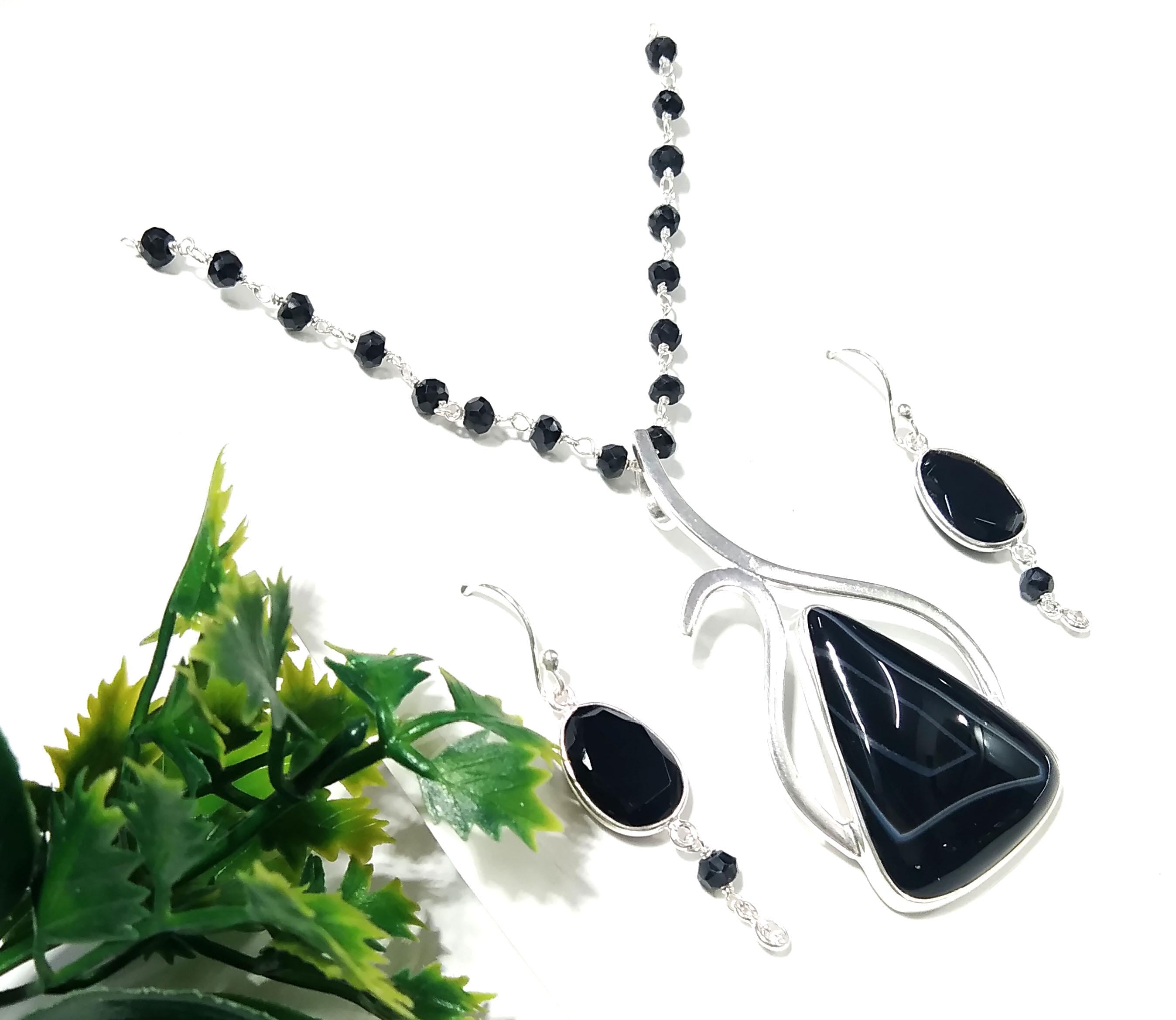 Black Banded Agate Necklace & Earring Set, Solid 925 Sterling Silver Necklace, Beautiful Design Necklace Jewelry Gift Birthstone